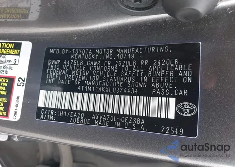 2020 Toyota Camry Se from USA, damaged, VIN 4T1M11AKXLU874434